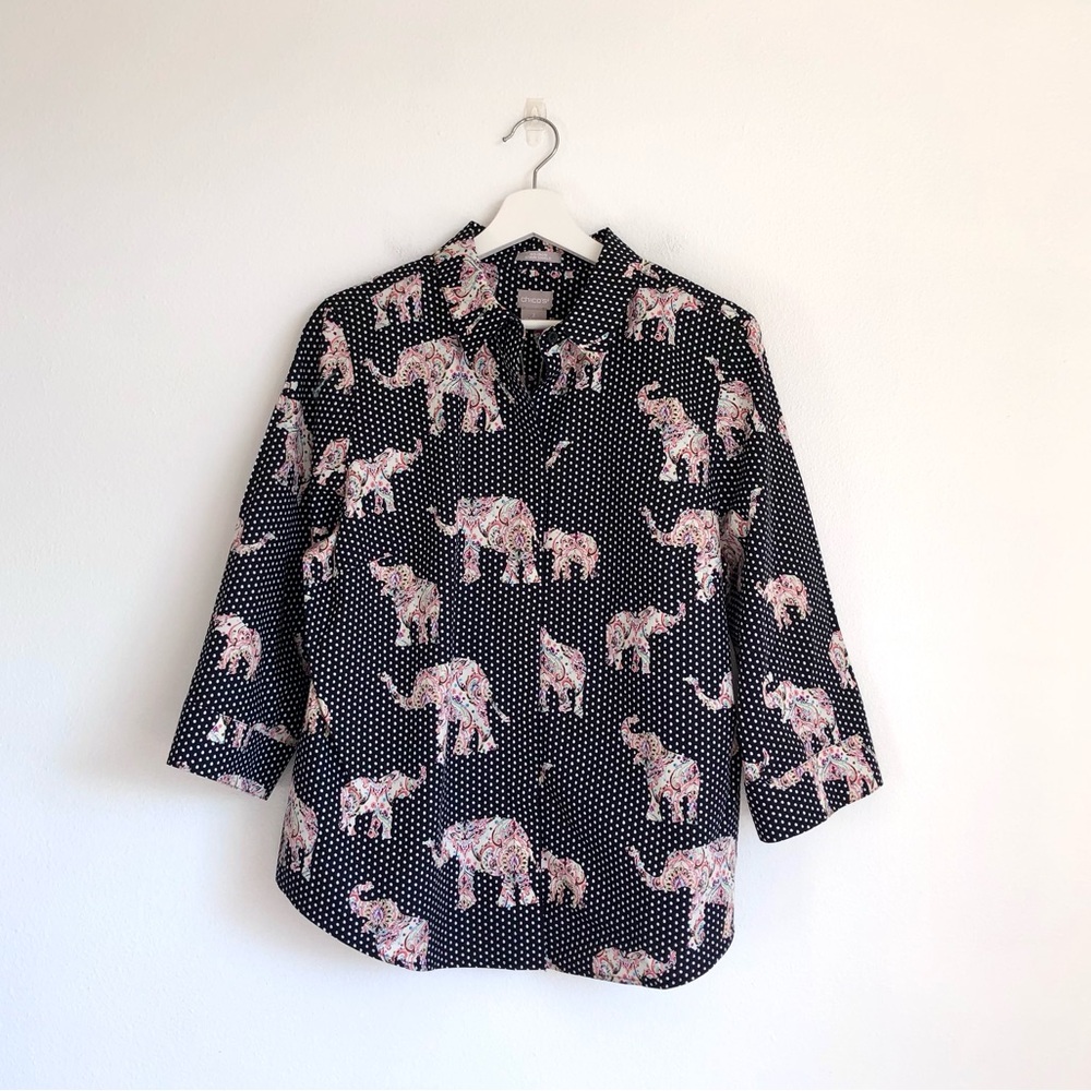 NWT Chico’s Black White Polka Dot Colorful Paisley Elephant Top Size 2 / Large